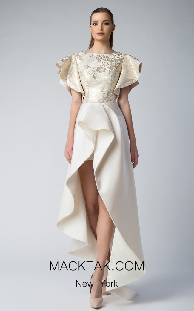 Edward Arsouni FW0222 Beige Gold Front Dress