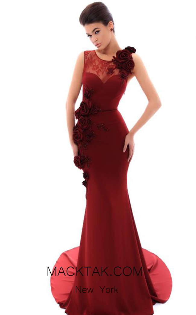 Tarik Ediz 93478 Bordo Front Evening Dress