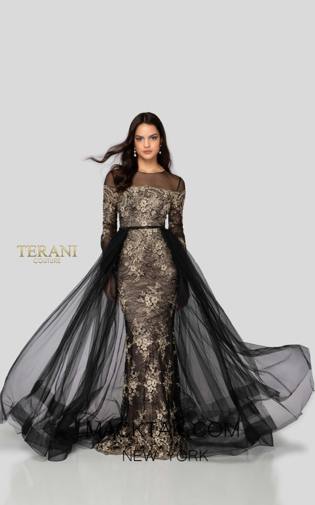 Terani 1913E9258 Black Gold Front Evening Dress