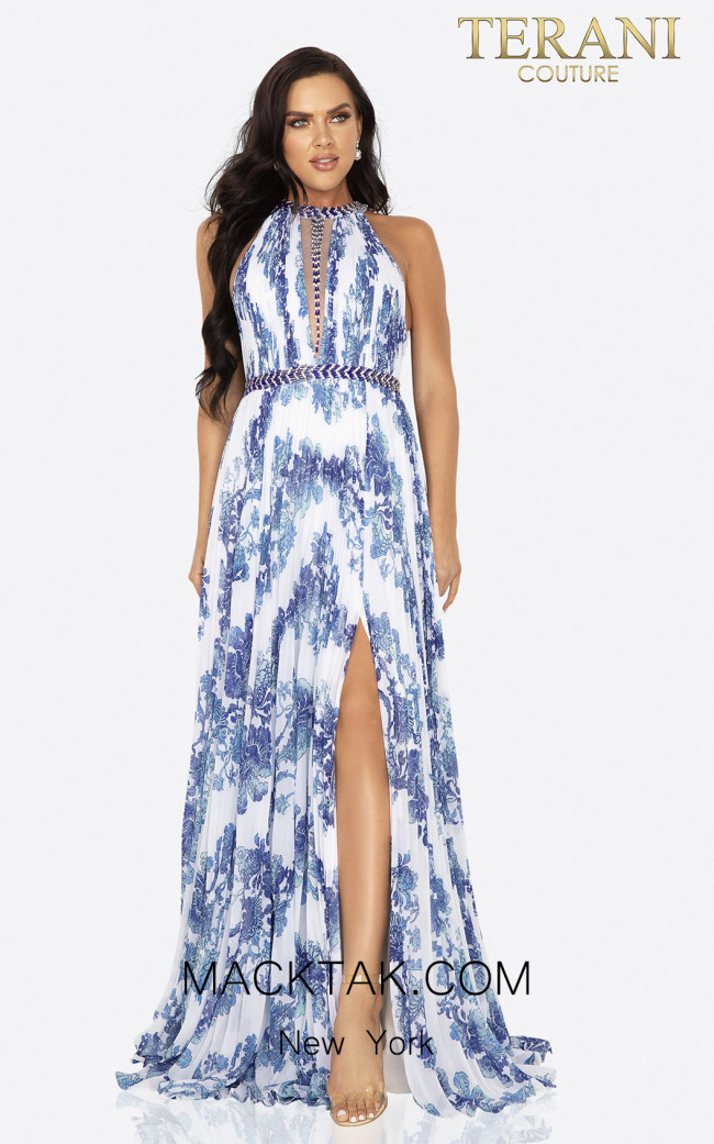 Terani 2011P1155 White Blue Front Dress