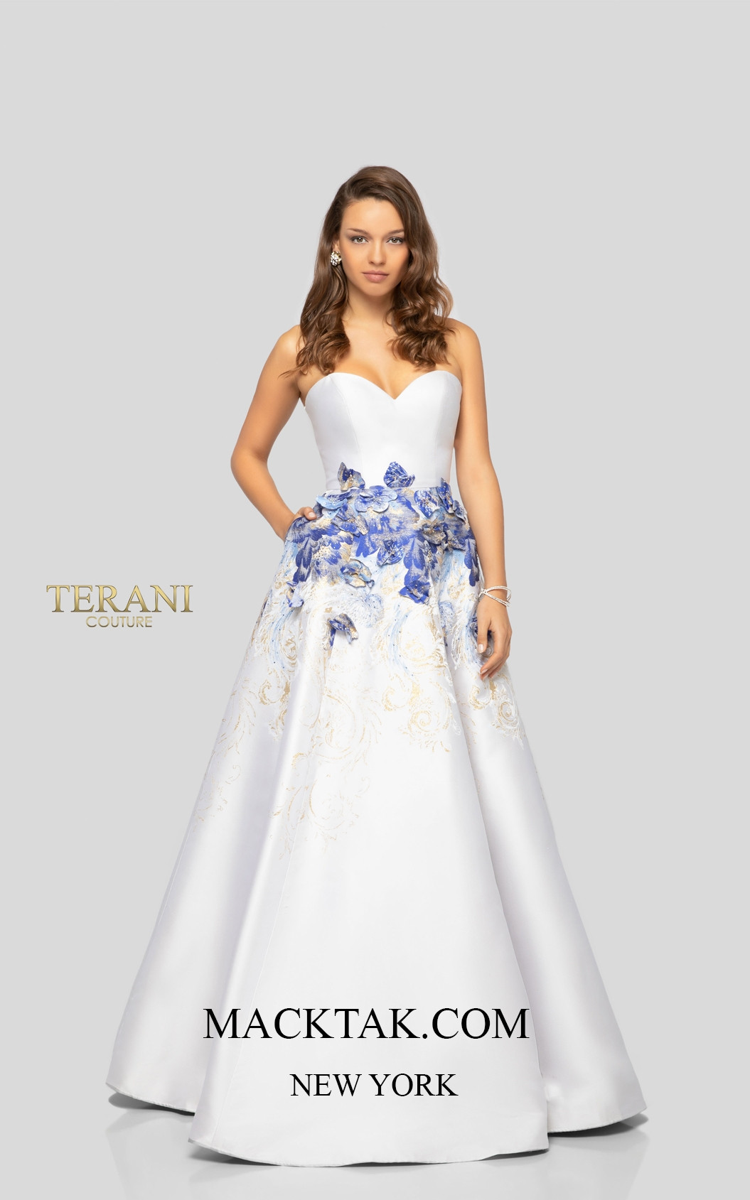 Terani 1911P8514 Cream Denim Gold Front Dress