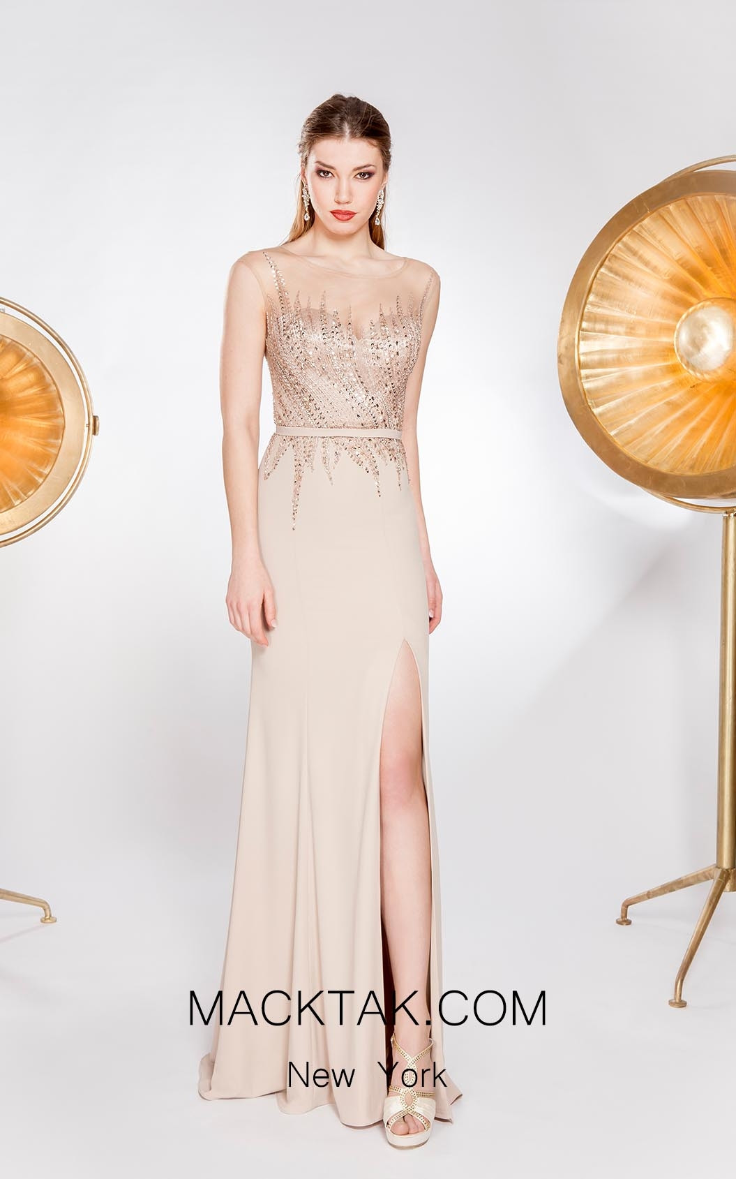 Alma Couture AC1004 Champagne Front Evening Dress