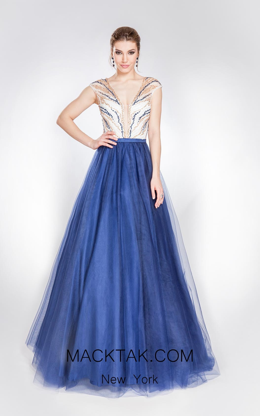 Alma Couture AC1011 Blue White Front Evening Dress