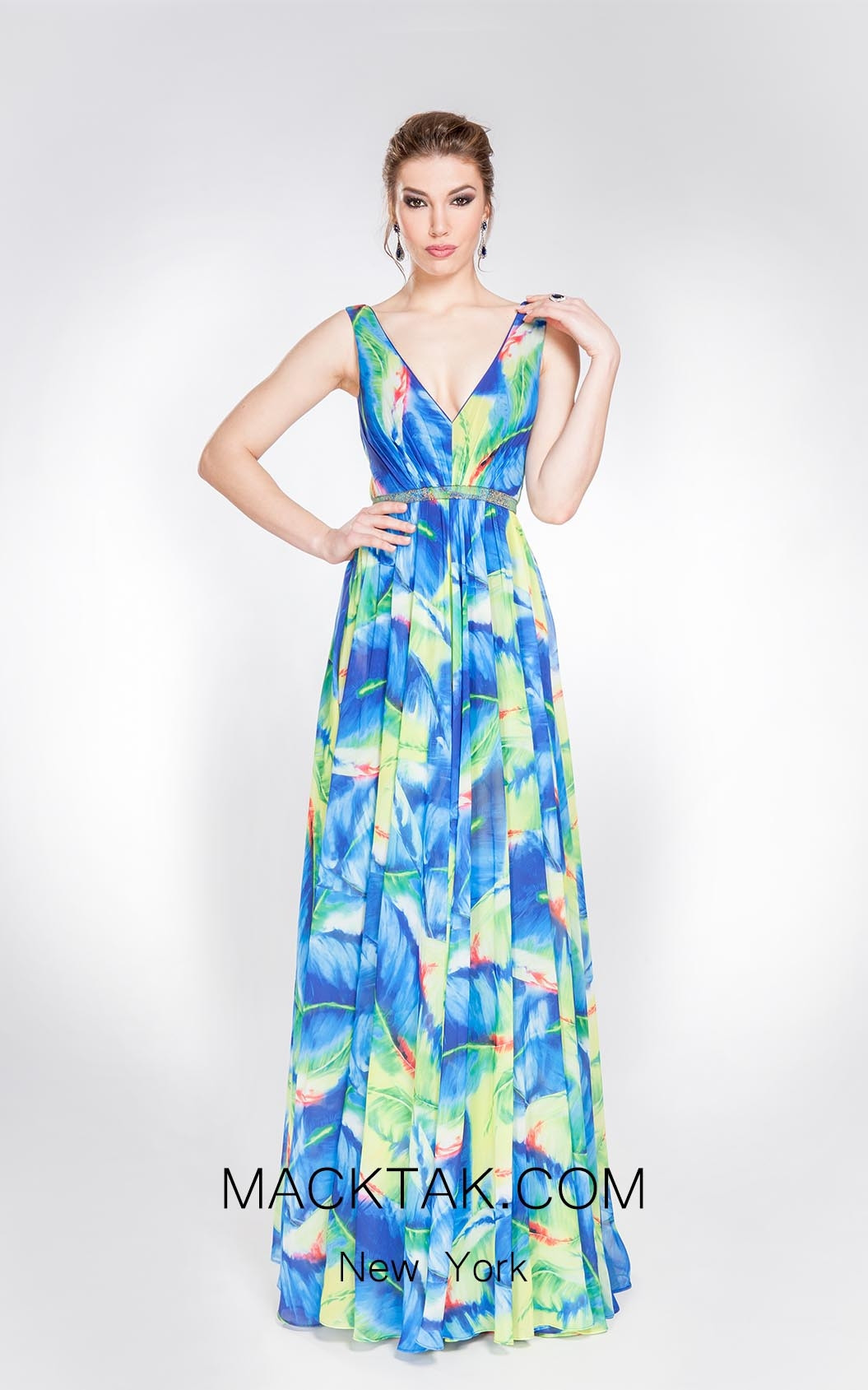Alma Couture AC1041 Blue Multi Front Evening Dress