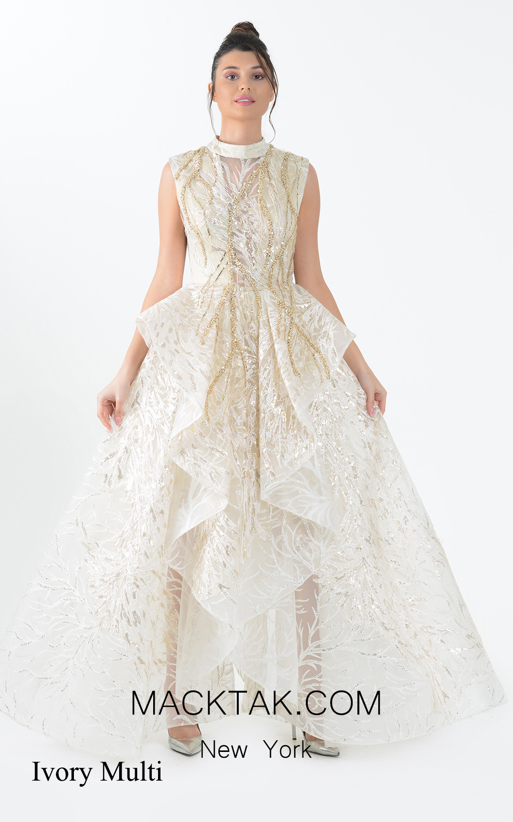 Macktak Couture 5202 Ivory Multi Front Dres