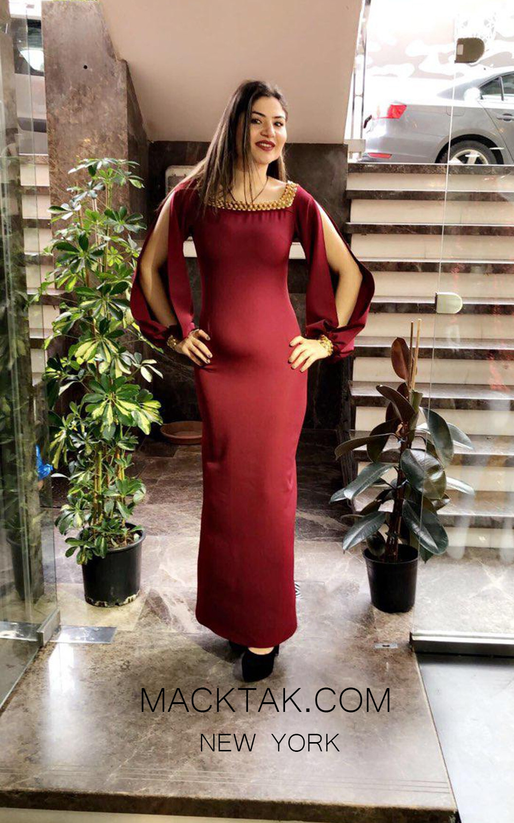 TK MT3986 Bordo Front Evening Dress