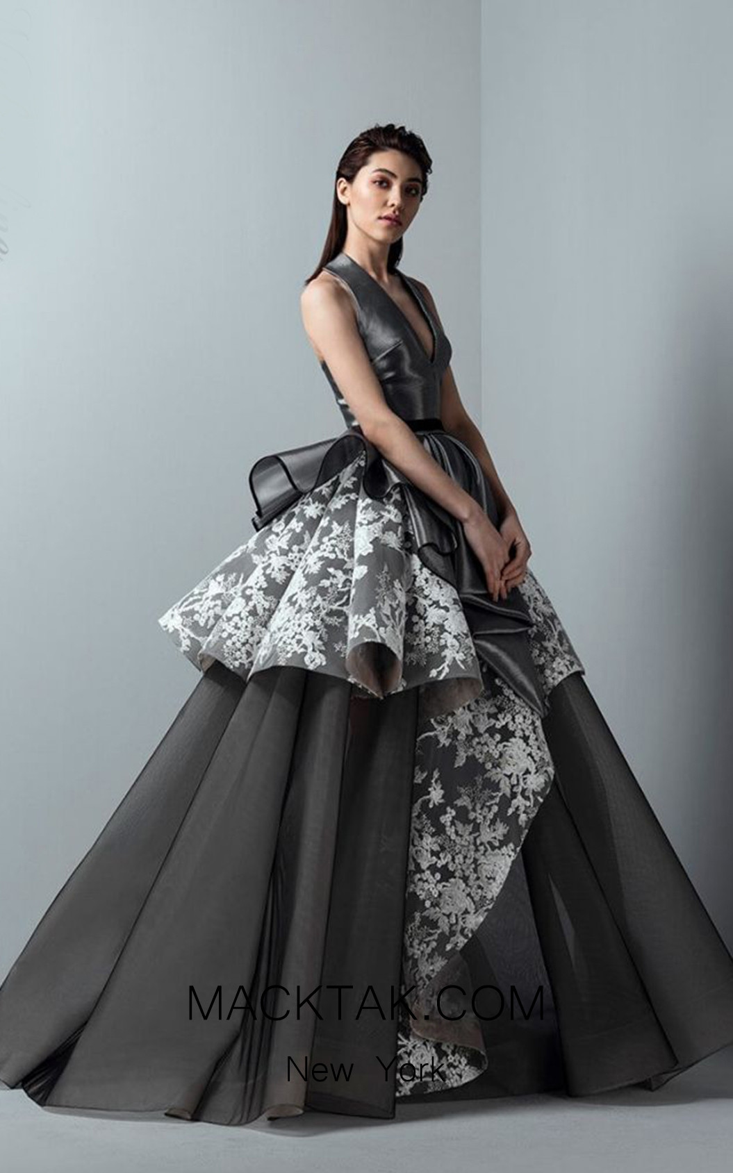 Saiid Kobeisy RE3376 Metallic Black Front Evening Dress