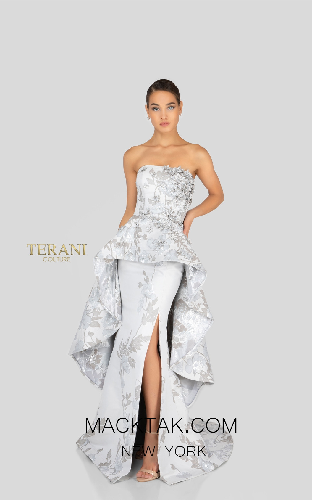 Terani 1911E9143 Silver Taupe Front Evening Dress