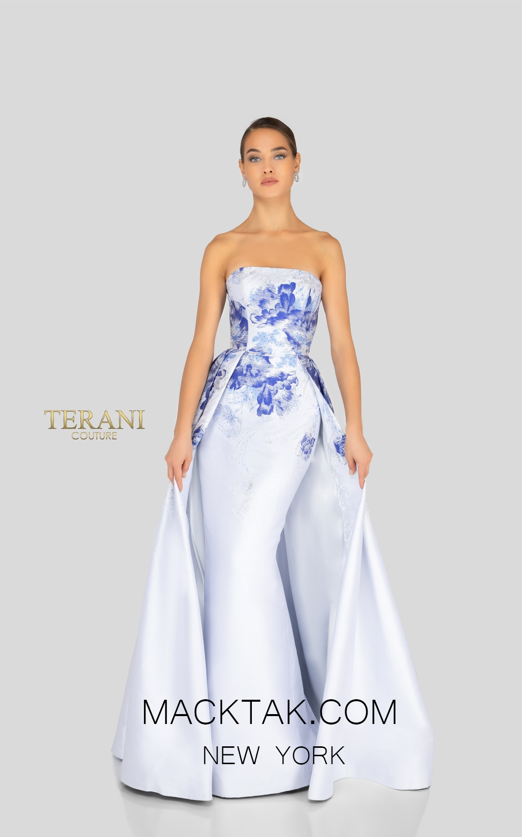 Terani 1911E9624 White Denim Silver Front Evening Dress
