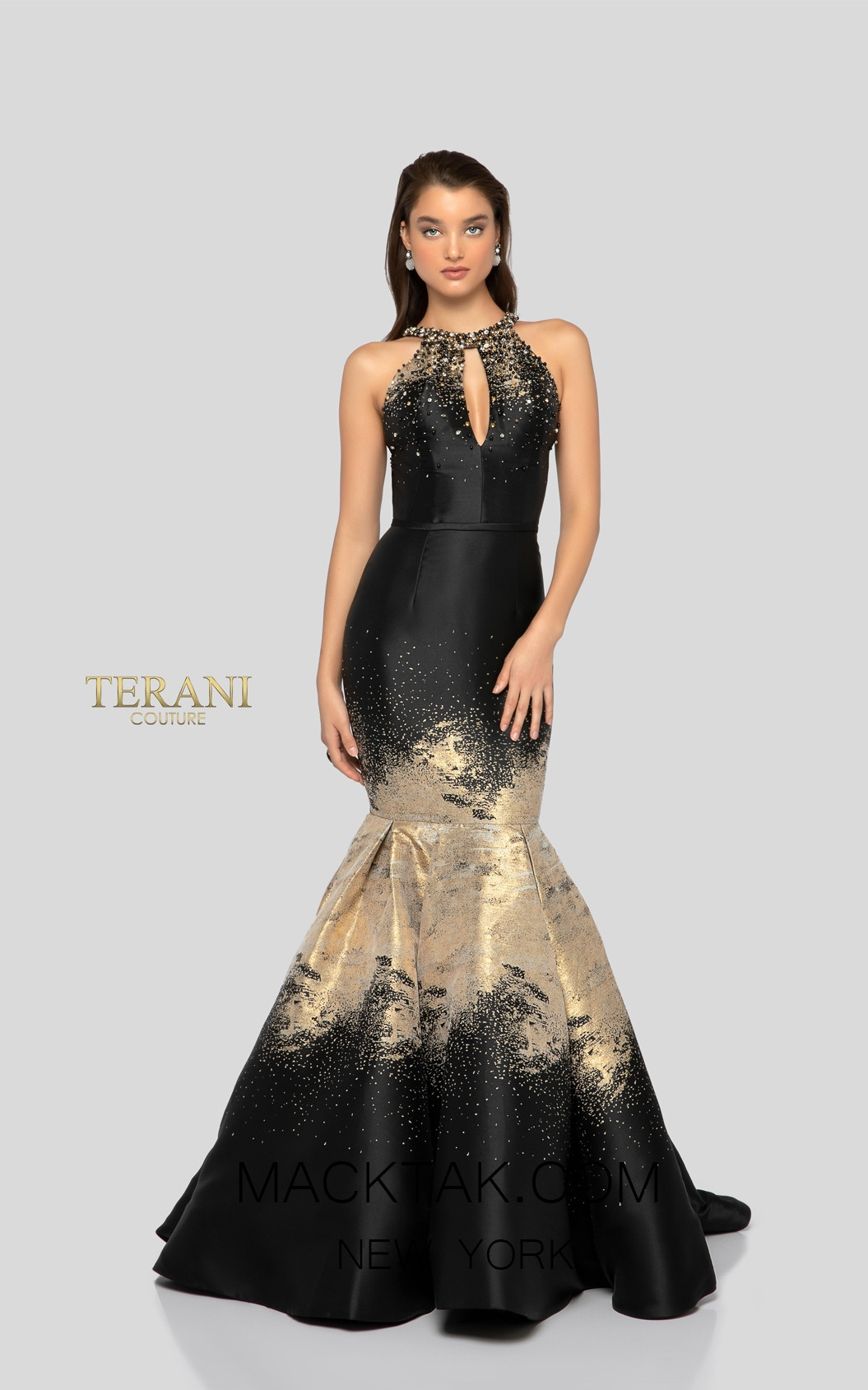 Terani 1912E9181 Black Gold Front Evening Dress