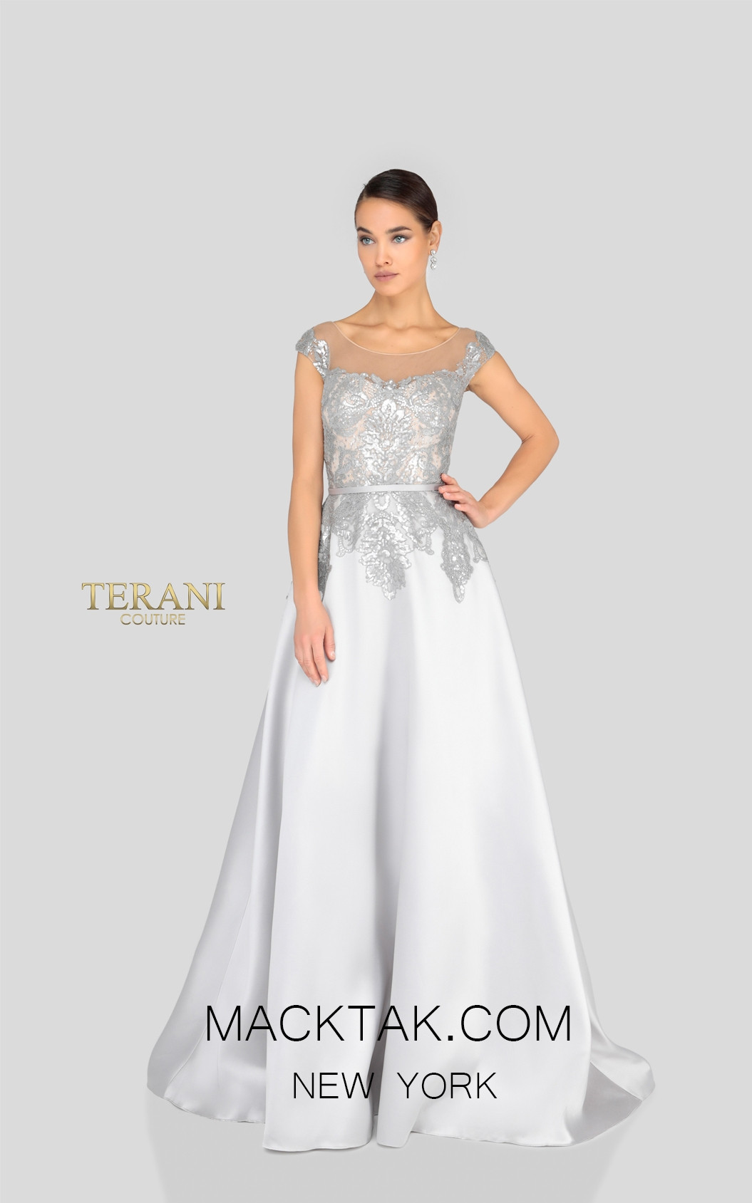 Terani 1913E9285 Silver Nude Front Evening Dress