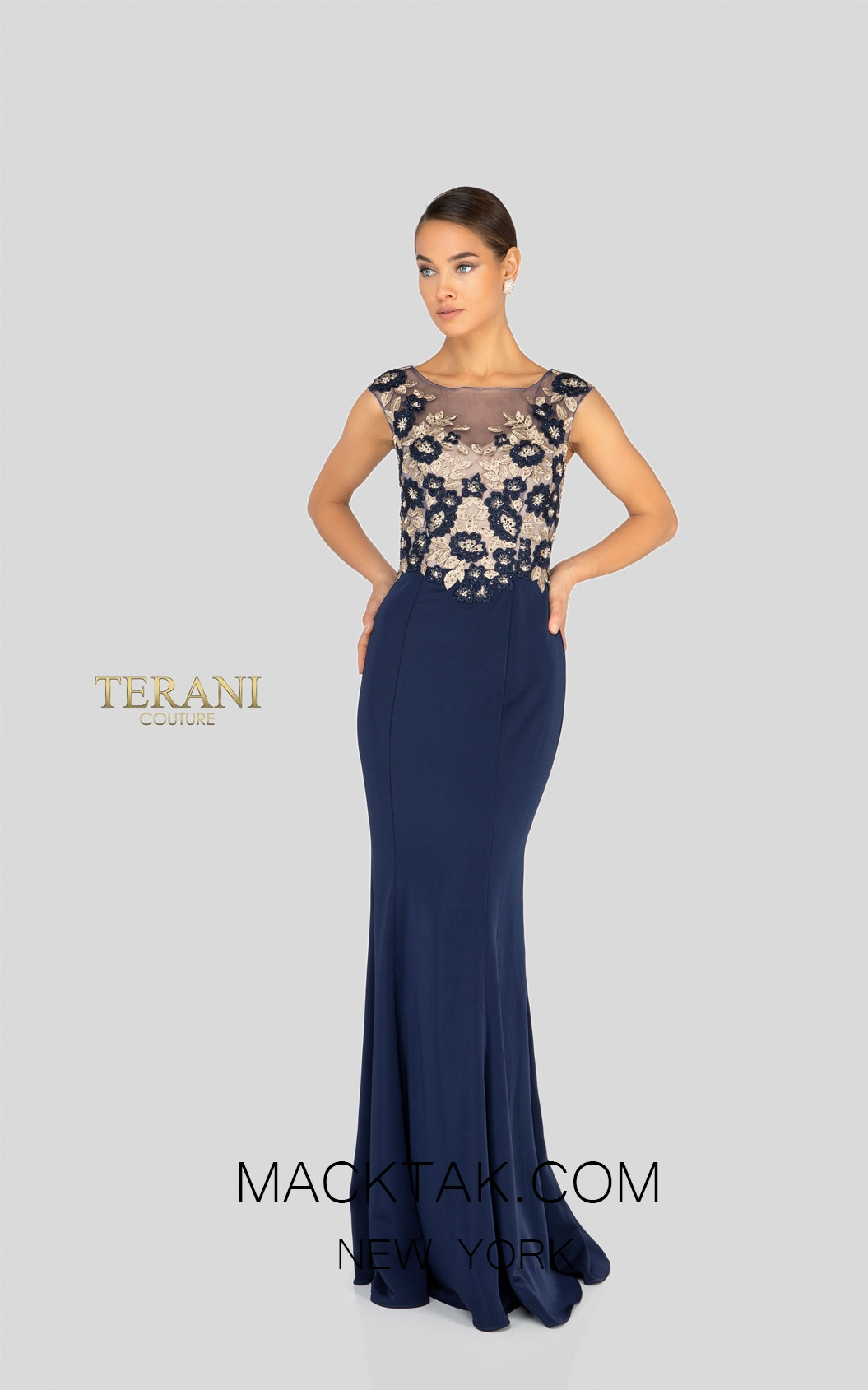 Terani 1913M9398 Navy Multi Front Mother of Bride Dress