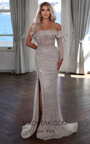 Off shoulder and one sleeve beaded evening dress with horse hair and with a slit 022 Dress